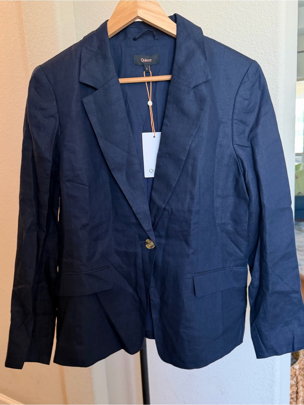 Quince 100% European Linen Deep Navy Single-Button Structured Blazer L